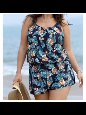 BloomChic Navy Tropical Floral Tankini Coverup Set